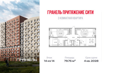 Планировка трехкомнатной(квартира) площадью 79.75 квадратных метров в ЖК “ЖК Притяжение Сити”