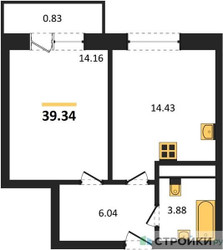 Планировка однокомнатной(квартира) площадью 39.34 квадратных метров в ЖК “Семейный дом "Олива"”