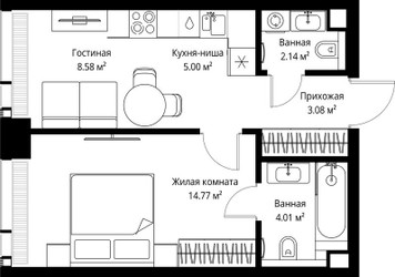 Планировка однокомнатной(квартира) площадью 37.58 квадратных метров в ЖК “ЖК Веер”