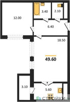 Планировка однокомнатной(квартира) площадью 49.6 квадратных метров в “ЖК Римский”