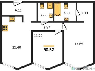 Планировка двухкомнатной(квартира) площадью 60.52 квадратных метров в ЖК “ЖК Insider (Инсайдер)”