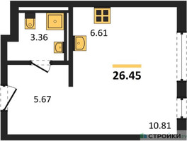 Планировка студии(квартира) площадью 26.45 квадратных метров в “ЖК Мытищи Парк”
