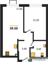 Планировка однокомнатной(квартира) площадью 39.5 квадратных метров в “ЖК Лучи-2”