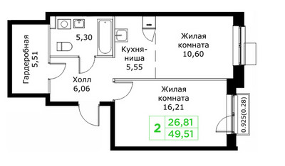 Планировка двухкомнатной(квартира) площадью 49.51 квадратных метров в ЖК “ЖК КИТ 2”