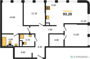 Планировка трехкомнатной(квартира) площадью 93.2 квадратных метров в “ЖК STONE Sokolniki (Сокольники)”