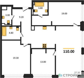 Планировка трехкомнатной(квартира) площадью 110 квадратных метров в ЖК “ЖК СТОУН Грэйн”