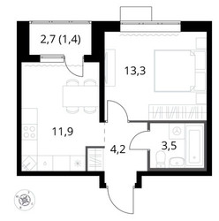 Планировка однокомнатной(квартира) площадью 34.5 квадратных метров в ЖК “ЖК 1-й Саларьевский (Первый Саларьевский)”