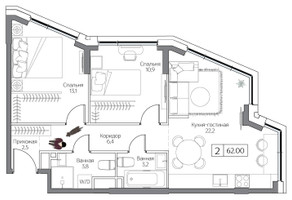 Планировка двухкомнатной(квартира) площадью 62 квадратных метров в “ЖК Дрим Рива”