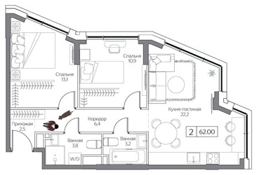 Планировка двухкомнатной(квартира) площадью 62 квадратных метров в ЖК “ЖК Дрим Рива”