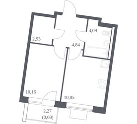 Планировка однокомнатной(квартира) площадью 33.55 квадратных метров в ЖК “ЖК Квартал Западный”