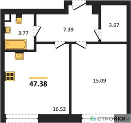 Планировка однокомнатной(квартира) площадью 47.38 квадратных метров в ЖК “ЖК Sezar City (Сезар Сити)”