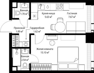 Планировка однокомнатной(квартира) площадью 36.15 квадратных метров в ЖК “ЖК Веер”
