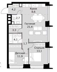 Планировка трехкомнатной(квартира) площадью 71.6 квадратных метров в ЖК “ЖК Amber City (Амбер Сити)”