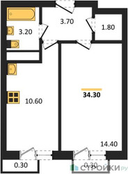 Планировка однокомнатной(квартира) площадью 34.3 квадратных метров в ЖК “ЖК Южная Долина”