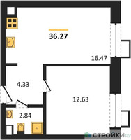Планировка однокомнатной(апартаменты) площадью 36.27 квадратных метров в “ЖК N’ICE LOFT (Найс Лофт)”