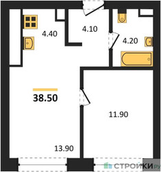 Планировка однокомнатной(квартира) площадью 38.5 квадратных метров в ЖК “ЖК Upside Towers (Апсайд Тауэрс)”