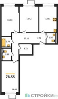 Планировка трехкомнатной(квартира) площадью 78.55 квадратных метров в “ЖК Егорово Парк”