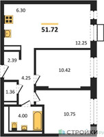 Планировка двухкомнатной(квартира) площадью 51.72 квадратных метров в “ЖК Пятницкие луга”
