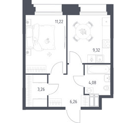 Планировка однокомнатной(апартаменты) площадью 34.14 квадратных метров в ЖК “ЖК Апарт-отель Тропарево парк”