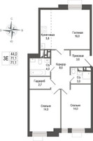 Планировка трехкомнатной(квартира) площадью 71.1 квадратных метров в “ЖК КИНОКВАРТАЛ”