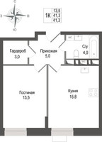 Планировка однокомнатной(квартира) площадью 41.3 квадратных метров в “ЖК КИНОКВАРТАЛ”