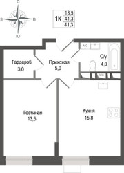 Планировка однокомнатной(квартира) площадью 41.3 квадратных метров в ЖК “ЖК КИНОКВАРТАЛ”