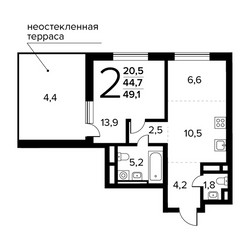 Планировка двухкомнатной(квартира) площадью 49.1 квадратных метров в ЖК “Новые Ватутинки. Заречный”