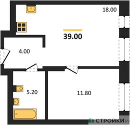 Планировка однокомнатной(квартира) площадью 39 квадратных метров в ЖК “ЖК Первый Московский”