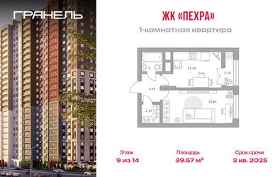 Планировка однокомнатной(квартира) площадью 39.57 квадратных метров в ЖК “ЖК Пехра”