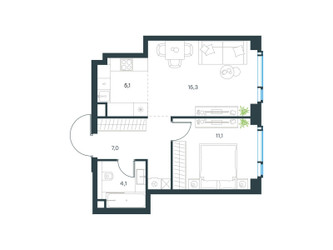 Планировка двухкомнатной(квартира) площадью 42.6 квадратных метров в ЖК “ЖК Level Мичуринский”