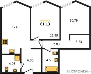 Планировка двухкомнатной(квартира) площадью 61.13 квадратных метров в ЖК “ЖК Insider (Инсайдер)”