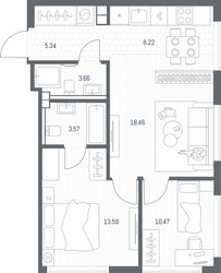 Планировка двухкомнатной(квартира) площадью 61.31 квадратных метров в ЖК “ЖК TATE (Тэйт)”