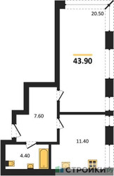 Планировка однокомнатной(квартира) площадью 43.9 квадратных метров в ЖК “ЖК Мираполис”