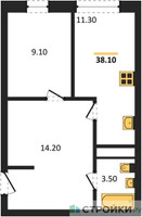 Планировка однокомнатной(квартира) площадью 38.1 квадратных метров в “ЖК Южная Долина”