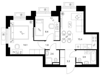Планировка двухкомнатной(квартира) площадью 49.5 квадратных метров в ЖК “ЖК Середневский лес”