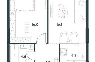 Планировка двухкомнатной(квартира) площадью 45.5 квадратных метров в ЖК “ЖК Level Академическая”
