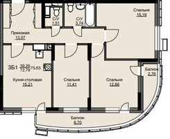 Планировка трехкомнатной(квартира) площадью 75.2 квадратных метров в “ЖК Соболевка”