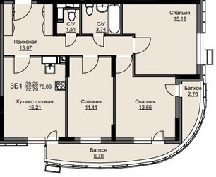 Планировка трехкомнатной(квартира) площадью 75.2 квадратных метров в ЖК “ЖК Соболевка”