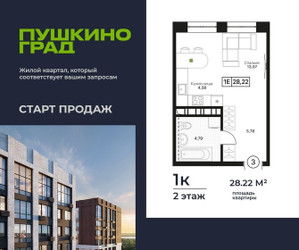 Планировка однокомнатной(квартира) площадью 28.22 квадратных метров в ЖК “ЖК Пушкино Град”