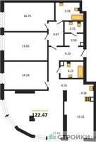 Планировка 4+ комнатной(квартира) площадью 122.47 квадратных метров в “ЖК Солос”