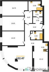 Планировка 4+ комнатной(квартира) площадью 122.47 квадратных метров в ЖК “ЖК Солос”
