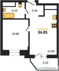 Планировка однокомнатной(квартира) площадью 34.85 квадратных метров в ЖК “ЖК ВОСТОК II”