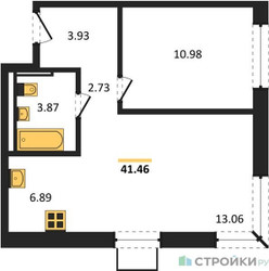 Планировка однокомнатной(квартира) площадью 41.46 квадратных метров в ЖК “ЖК Квартал Западный”