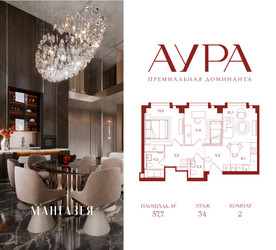 Планировка двухкомнатной(квартира) площадью 57.7 квадратных метров в ЖК “ЖК АУРА”