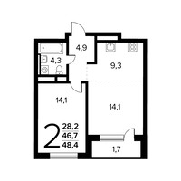 Планировка двухкомнатной(квартира) площадью 48.4 квадратных метров в “Новые Ватутинки. Заречный”