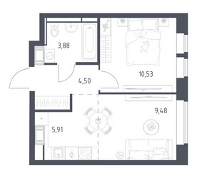 Планировка однокомнатной(квартира) площадью 34.3 квадратных метров в ЖК “ЖК Большое Путилково”