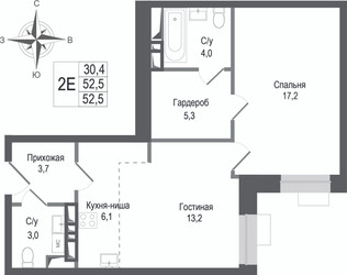 Планировка двухкомнатной(квартира) площадью 52.5 квадратных метров в “ЖК КИНОКВАРТАЛ”