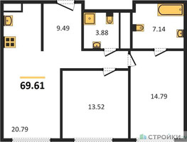 Планировка двухкомнатной(квартира) площадью 69.5 квадратных метров в “ЖК 1-й Нагатинский (Первый Нагатинский)”