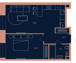 Планировка двухкомнатной(квартира) площадью 47.3 квадратных метров в ЖК “Квартал Эра”