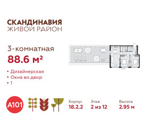 Планировка трехкомнатной(квартира) площадью 88.6 квадратных метров в ЖК “ЖК Скандинавия”